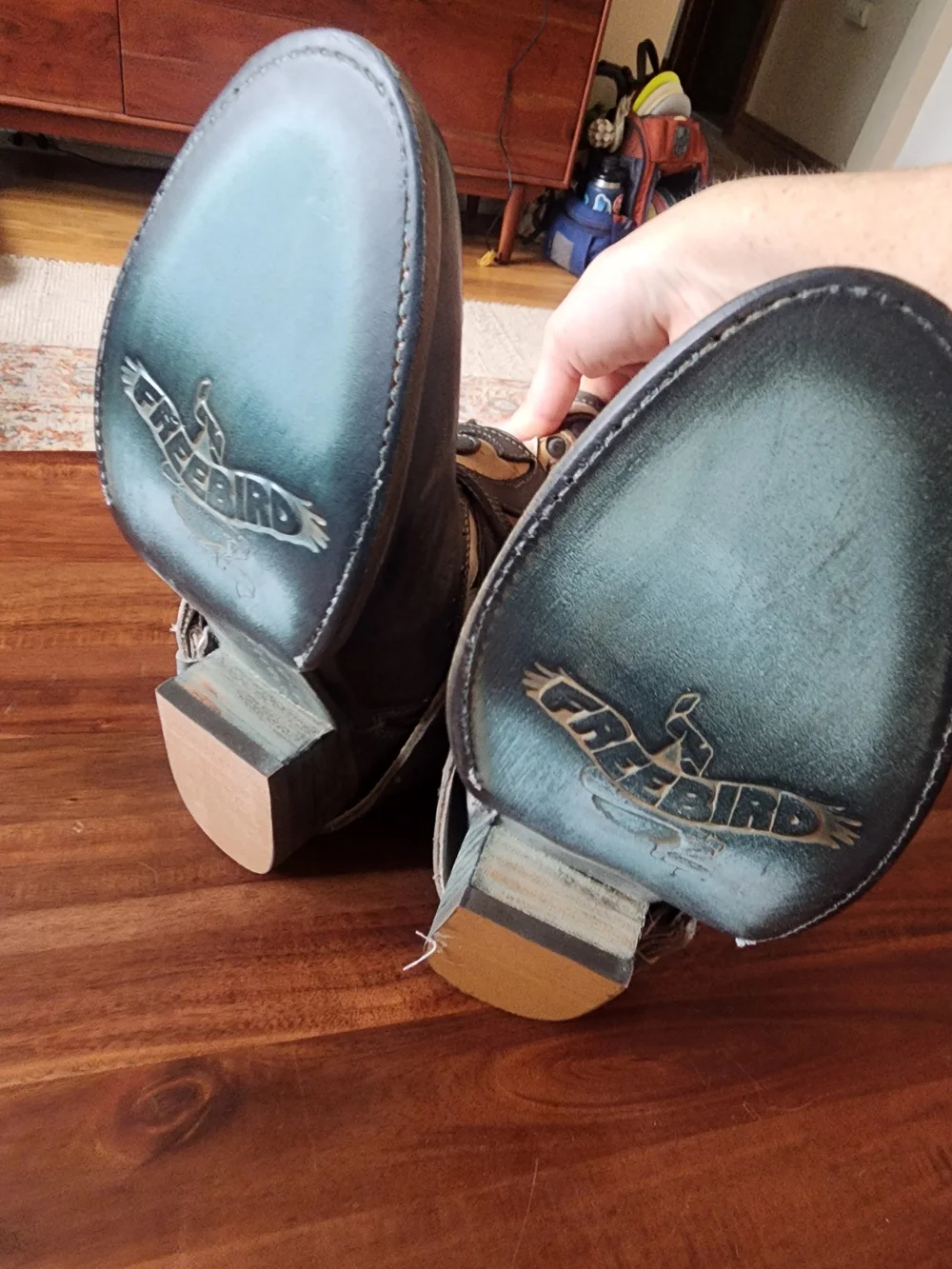 freebird Tash Three-Tone Blue, Brown and Cream Leather Western Ankle Boots